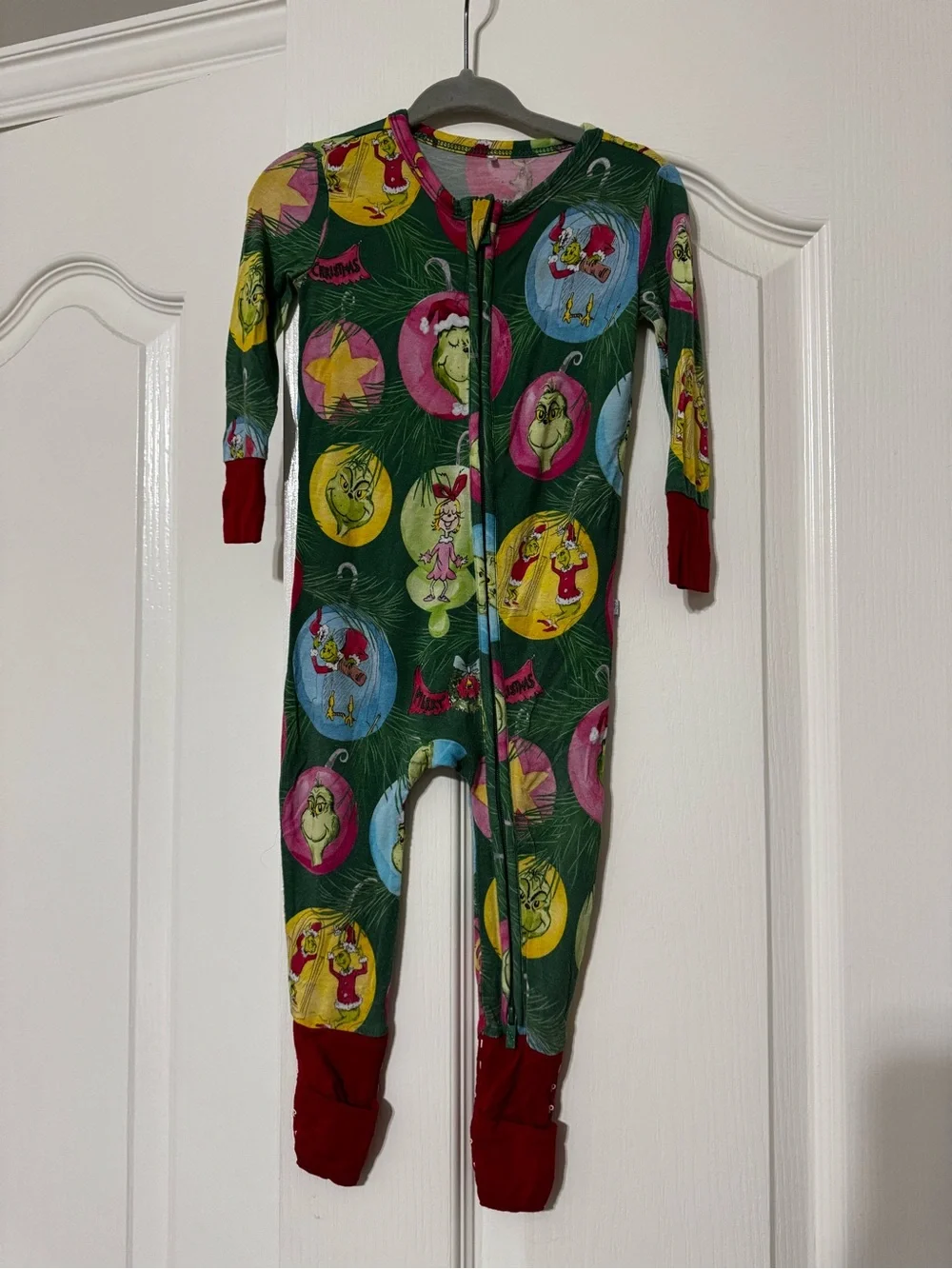 Posh Peanut Green Grinch Print One-Piece Footie with Red Cuffs